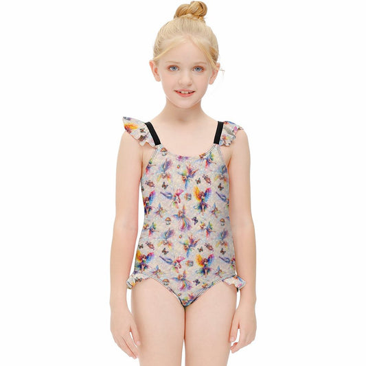 6 Fairy Designs, Girls One-Piece Summer Swimsuit, Ruffle Shoulder
