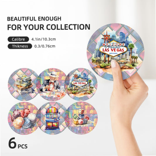 Las Vegas, Gambling Theme, 6 Ceramic Coasters w metal stand