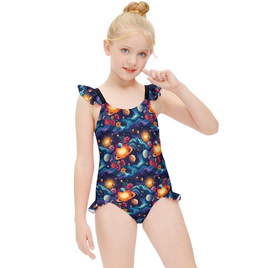 12 Outer Space Designs, Girls One-Piece Summer Swimsuit, Ruffle Shoulder