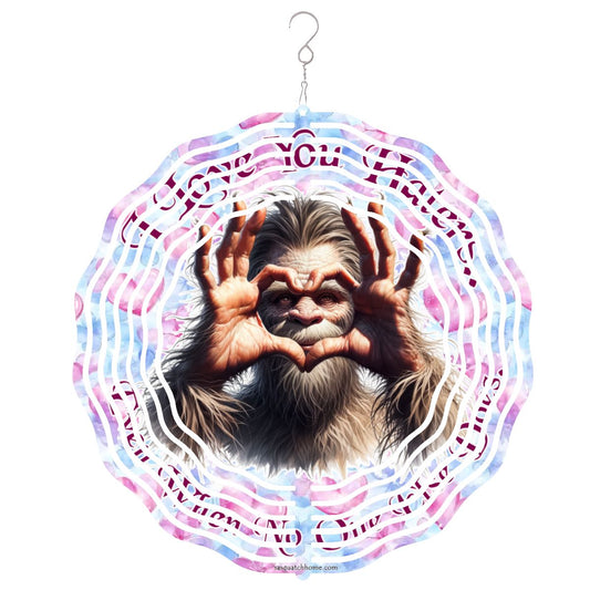 Bigfoot Sasquatch "I love you..", US Made Hanging Metal 3D Wind Spinner, Ornament