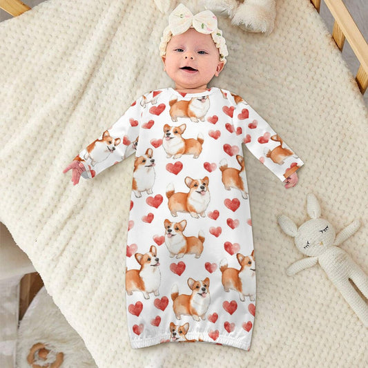 Corgi Dogs & Hearts, Baby Long Sleeve Faux Cotton Sleeper Gown