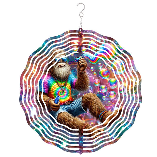 Hippie Sasquatch Blow Bubbles, US Made Hanging Metal 3D Wind Spinner, Ornament