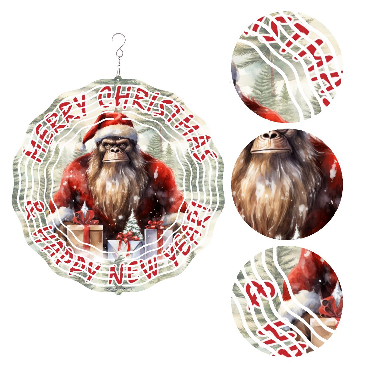Sasquatch Bigfoot Santa, US Made Hanging Metal 3D Wind Spinner, Ornament - MADE IN USA