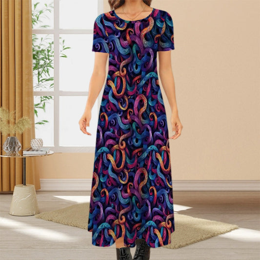 Colorful Design Crew Neck Short Sleeve Maxi Dress
