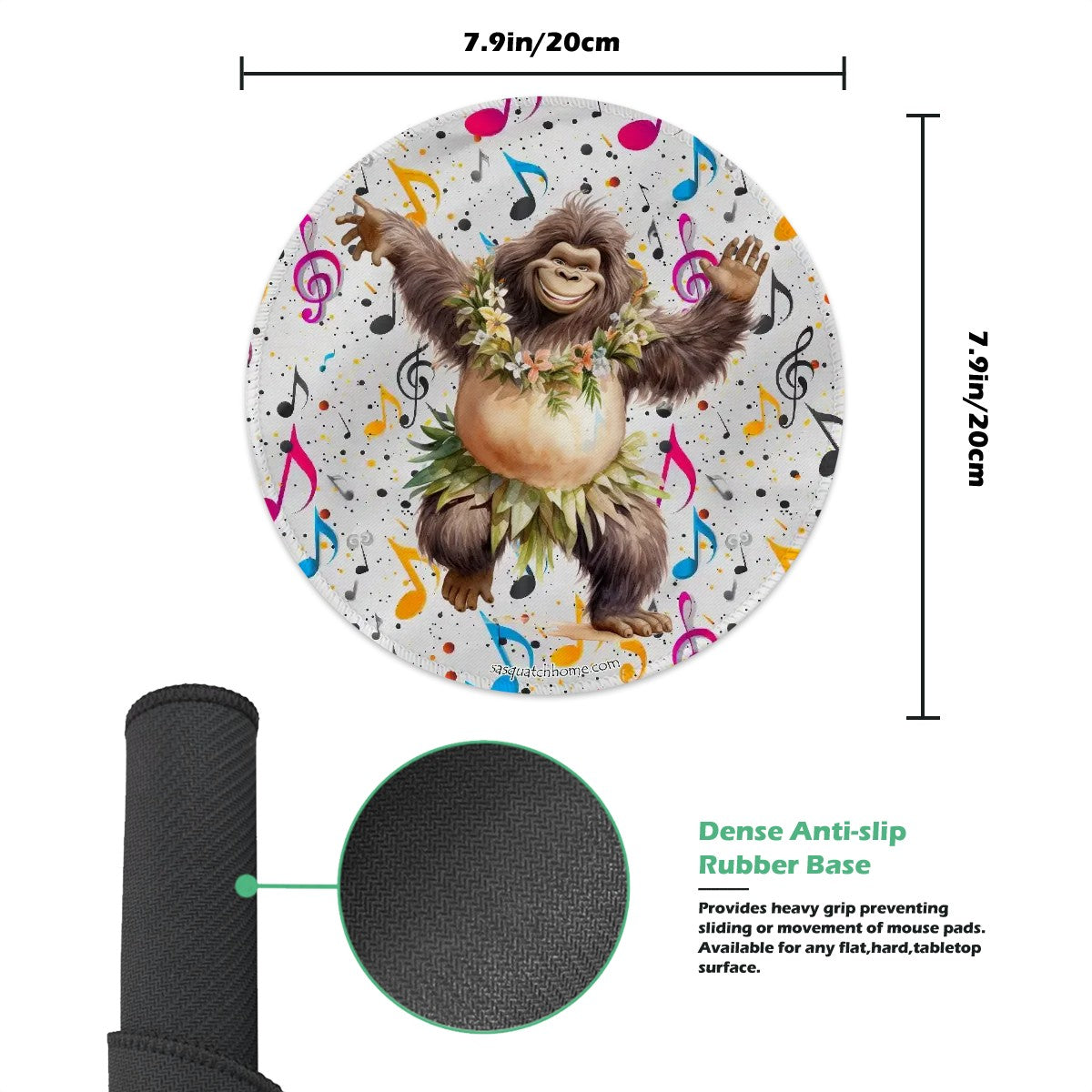 8” Round Mouse pad, Bigfoot / Sasquatch – Anti slip rubber –