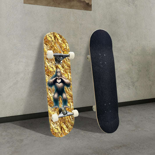 Bigfoot / Sasquatch Heart on Gold, High Density 7 Layer Skateboard, Made In USA