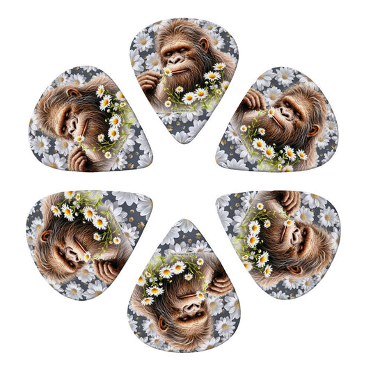6 Guitar Picks with Keychain Snap Pick Wallet- Daisies Bigfoot Sasquatch – 3 Thicknesses