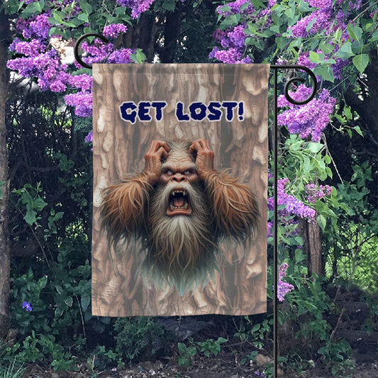 Bigfoot, Sasquatch, "Come on in", "Get Lost", Garden Flag 12"x18" (Made in USA)
