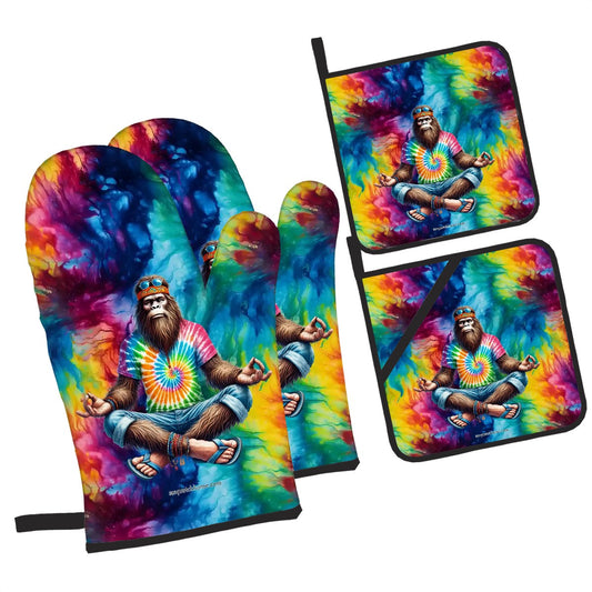Hippie Bigfoot / Sasquatch, Zen, 4 Piece Oven Mitts / Pot Holder Sets