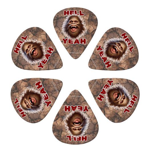 6 Guitar Picks with Keychain Snap Pick Wallet- Bigfoot Sasquatch "Hell Yeah" – 3 Thicknesses
