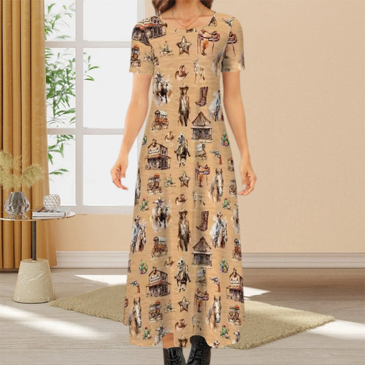 Awesome/Mythical Themed Crew Neck Short Sleeve Maxi Dress
