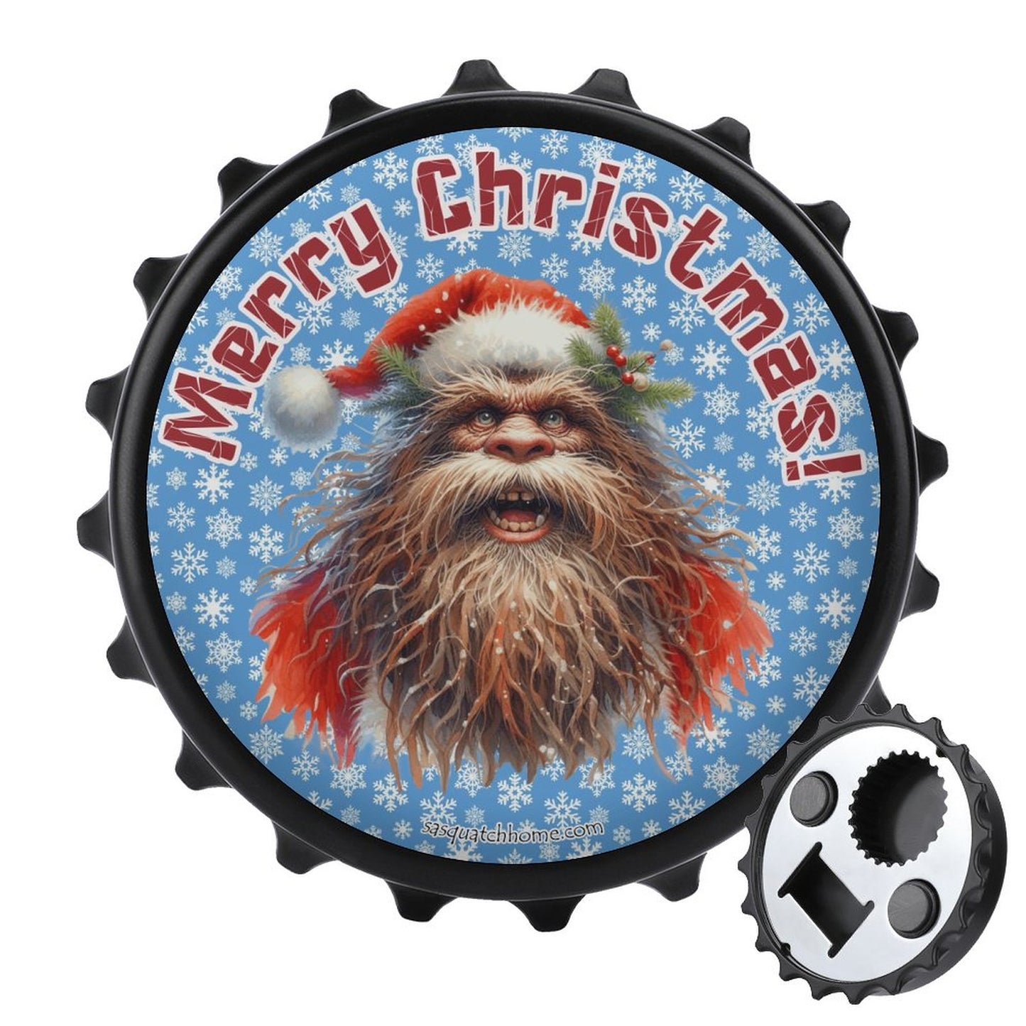 Bigfoot / Sasquatch Santa "Merry Christmas", 3” Magnetic Can Opener / Coaster / Fridge Decor