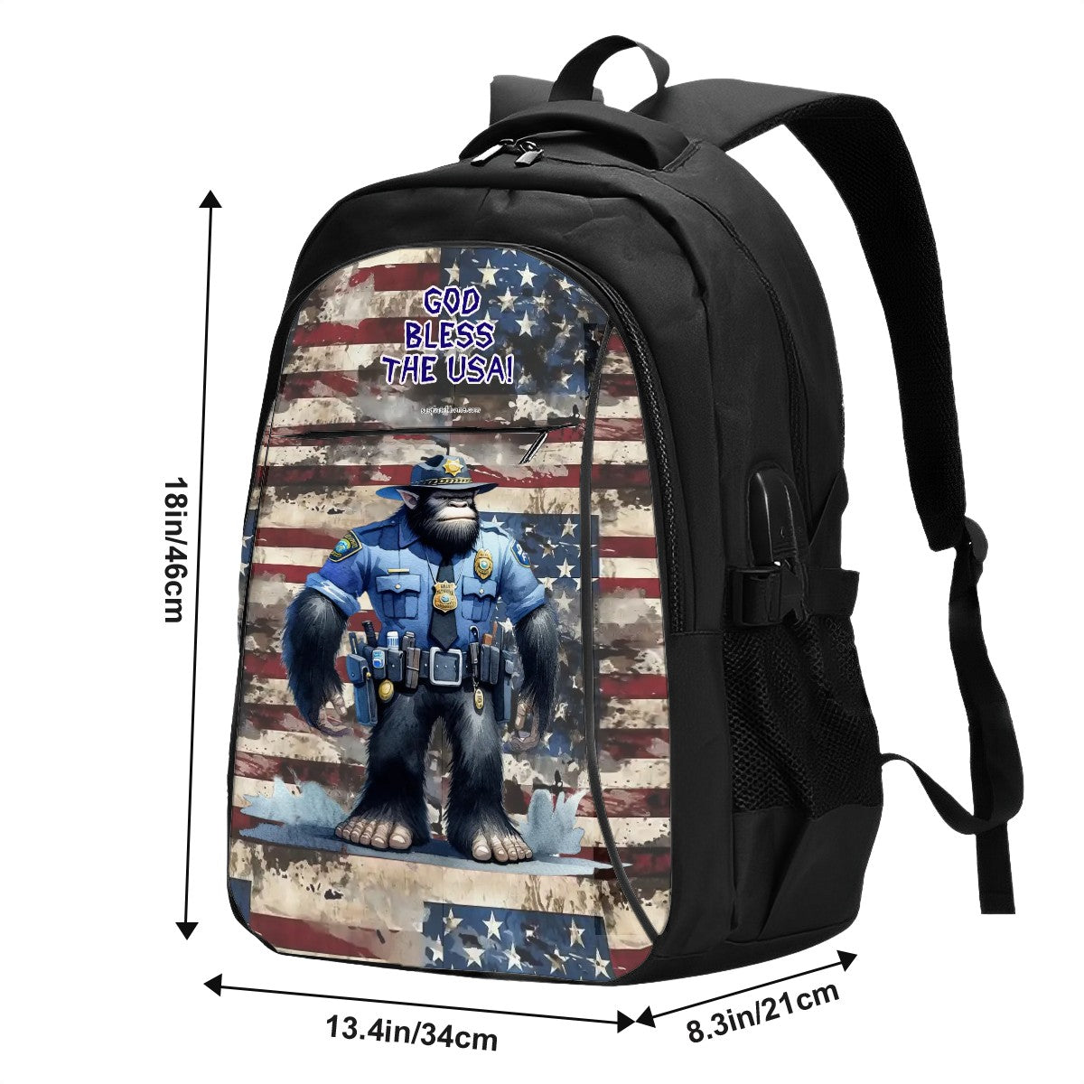 Bigfoot Cop, "God Bless USA", Large Capacity, Oxford Travel, Laptop Bag with USB Charger