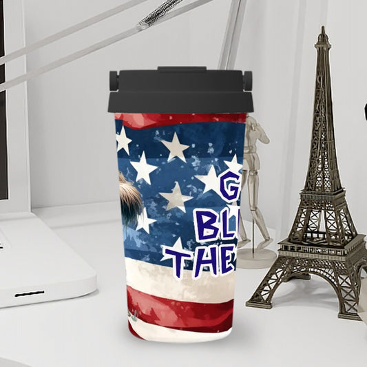 Bigfoot / Sasquatch "God bless the USA..", 17 oz Insulated Coffee Mug with Lid & Carrying Handle