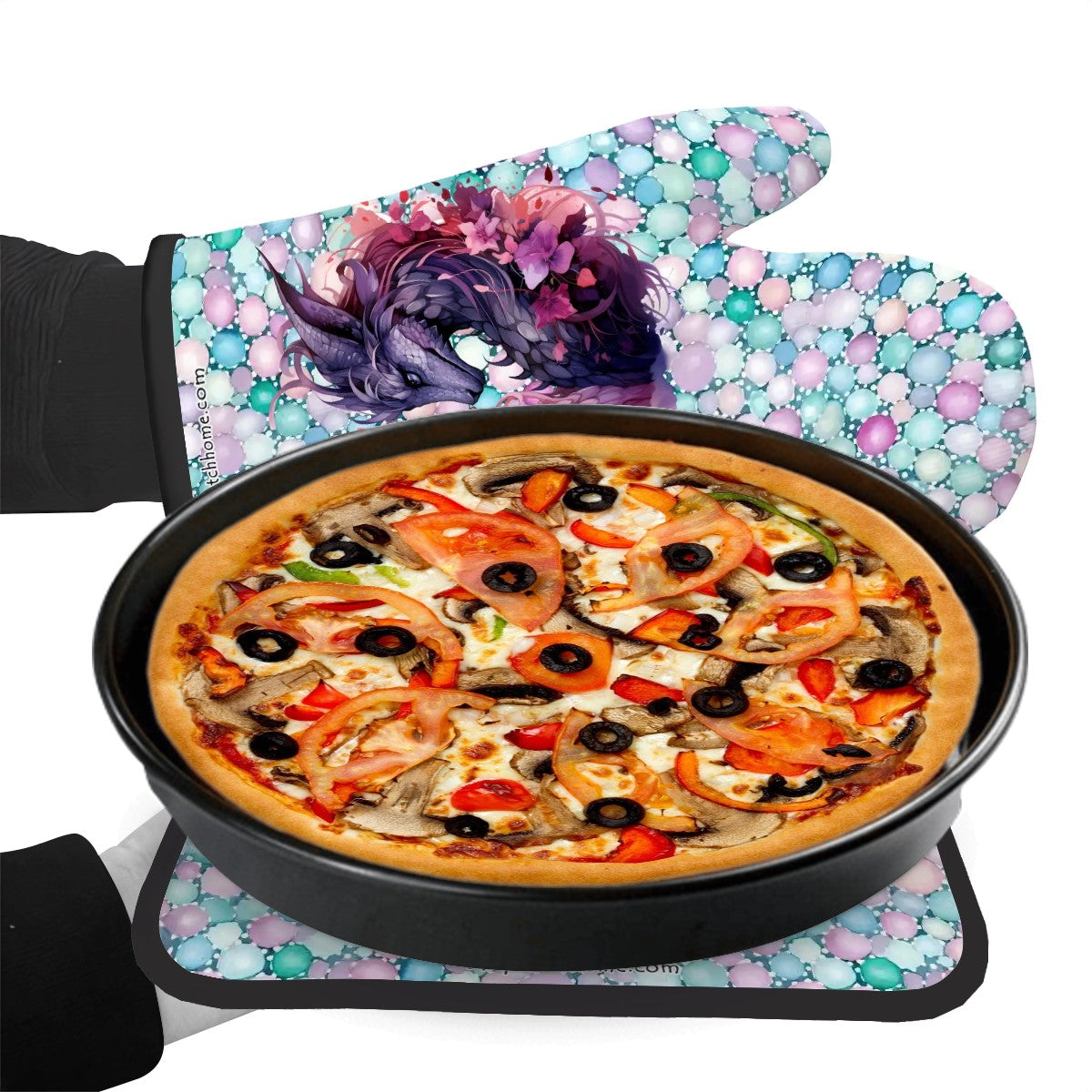 Set of 2 Oven Mitt and Pot Holder - Dragon Love