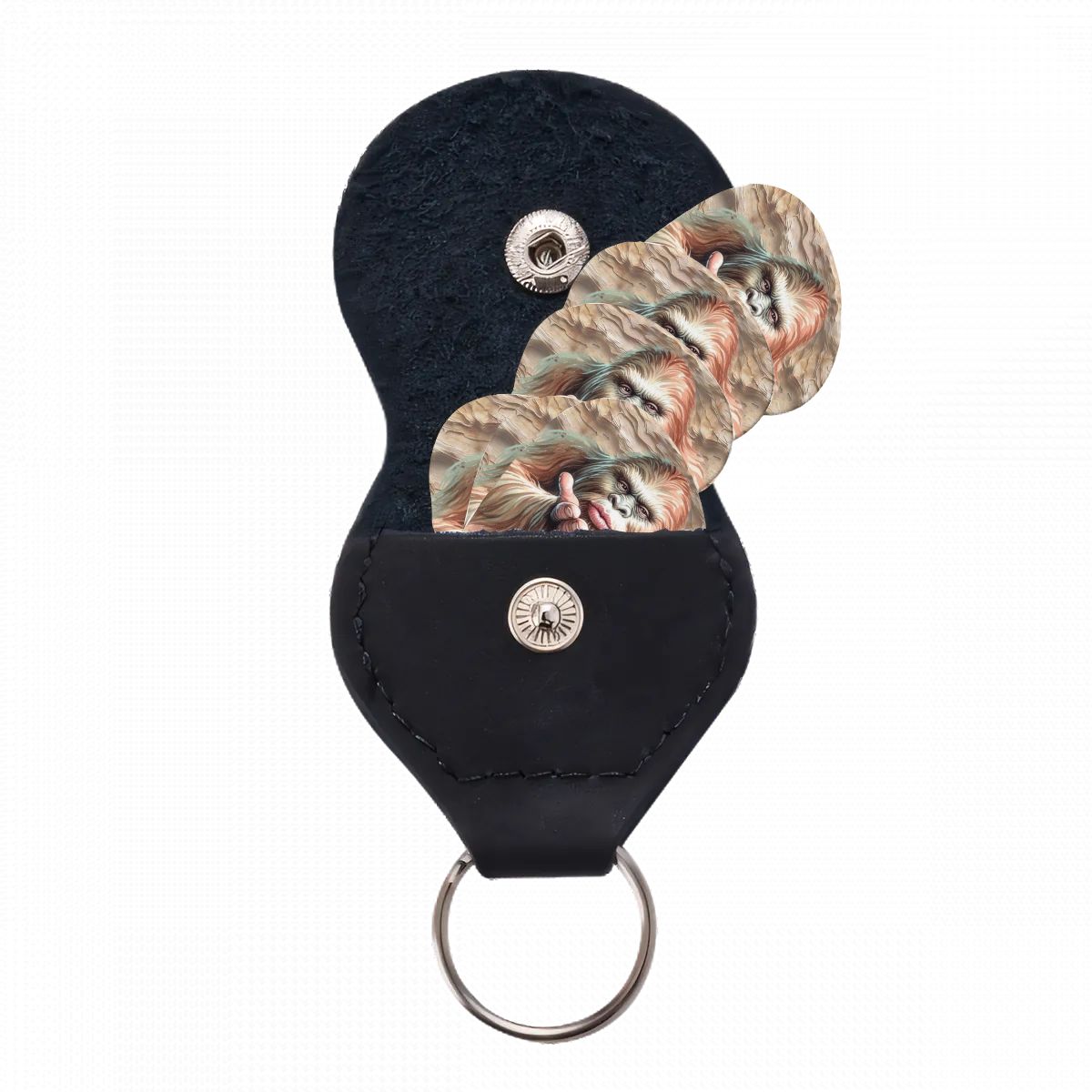6 Guitar Picks with Keychain Snap Pick Wallet- Bigfoot, Sasquatch Blow Kiss – 3 Thicknesses