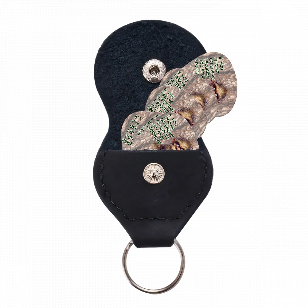 6 Guitar Picks with Keychain Snap Case- Sasquatch Bigfoot "If you find me..." – 3 Thicknesses