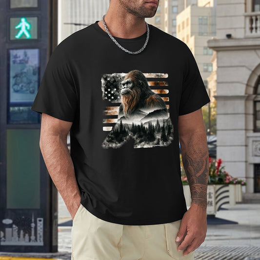 Sasquatch, Bigfoot w flag, Short Sleeve cotton T-shirt