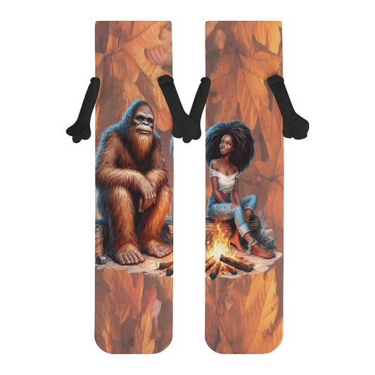 Camping Squatch and Friend Magnetic Holding Hands Funny Socks (All-Over Printing)