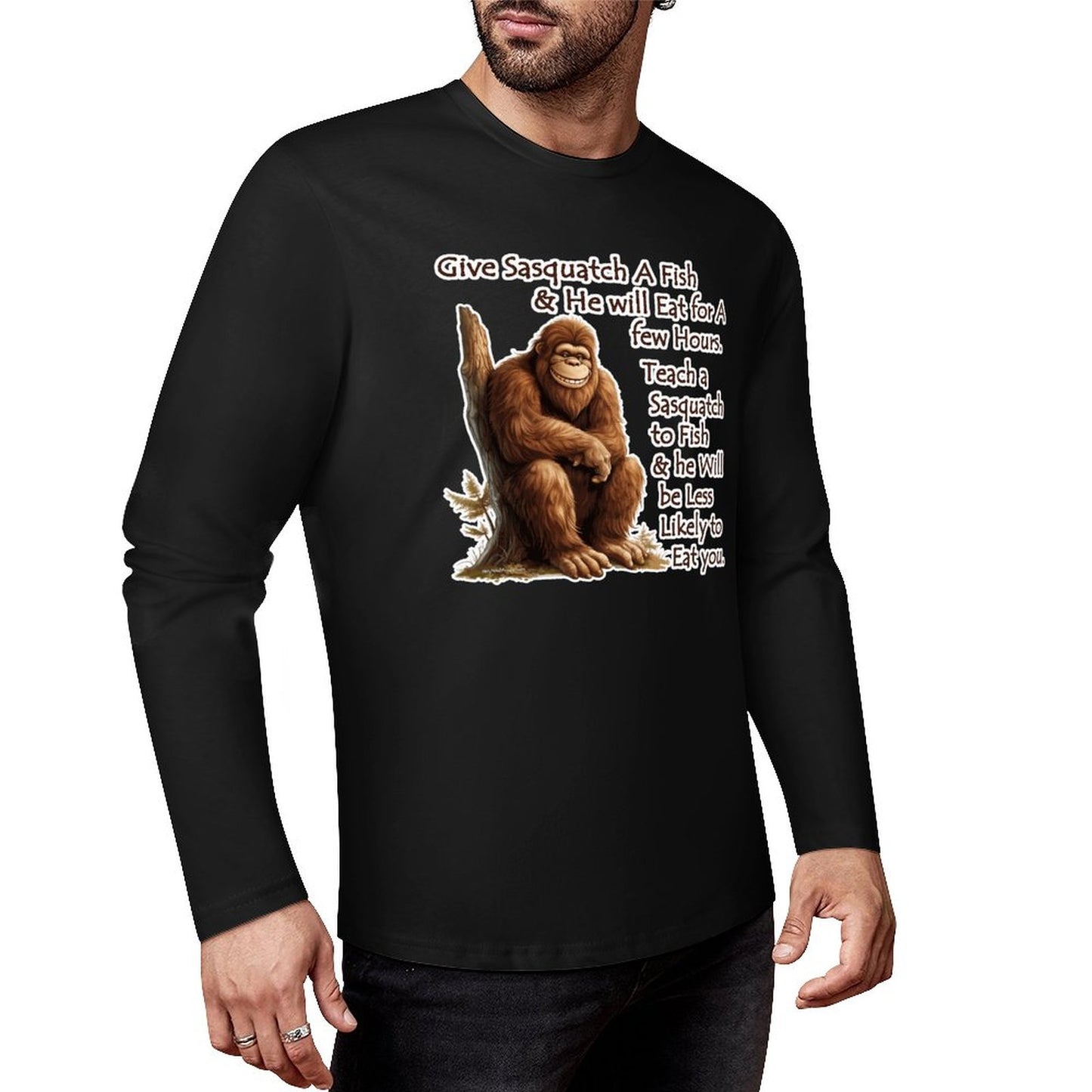 Bigfoot - Sasquatch "Give Sasquatch A Fish..", Cotton Unisex Long Sleeve T-shirt