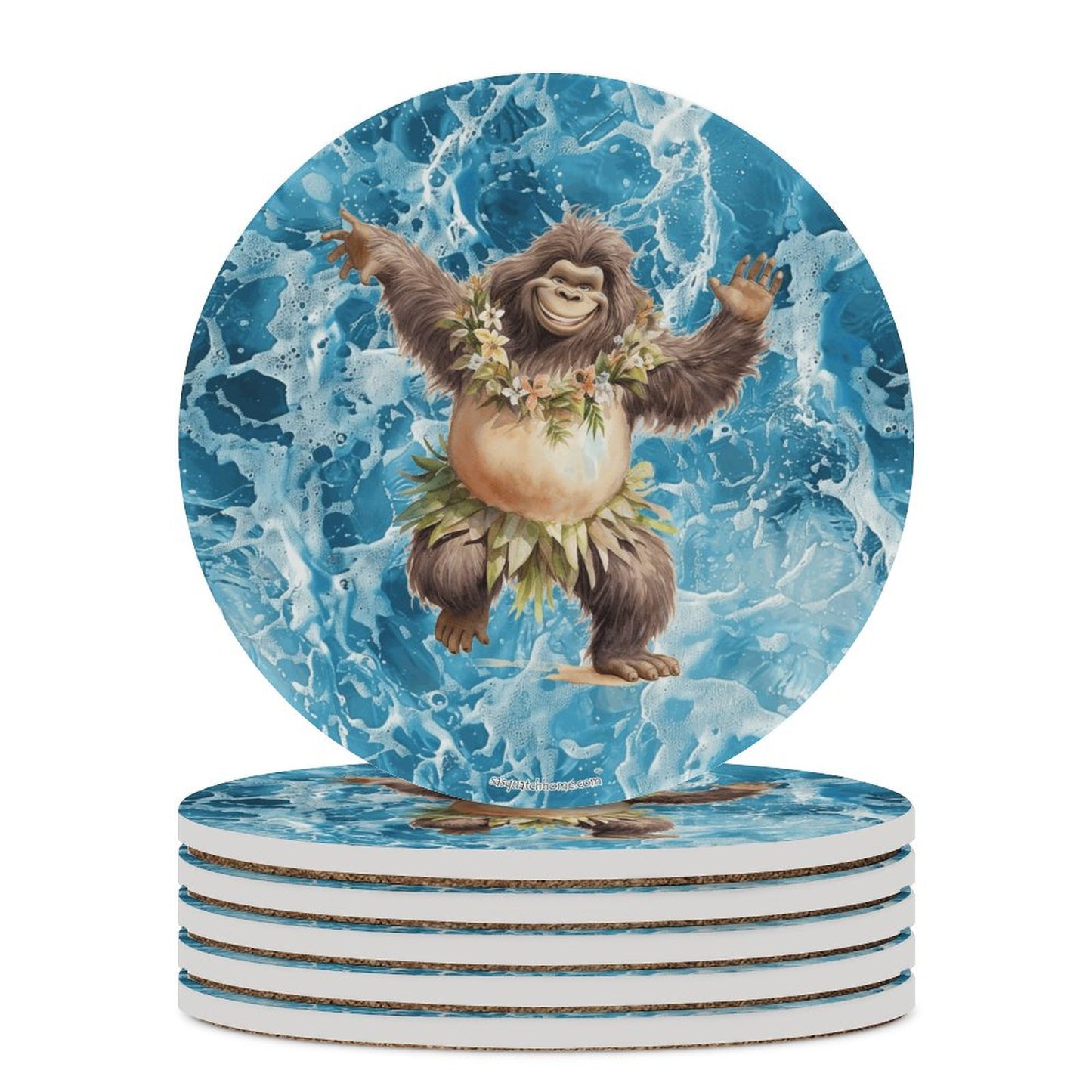 Sasquatch Hula On the Beach Round Ceramic Coaster