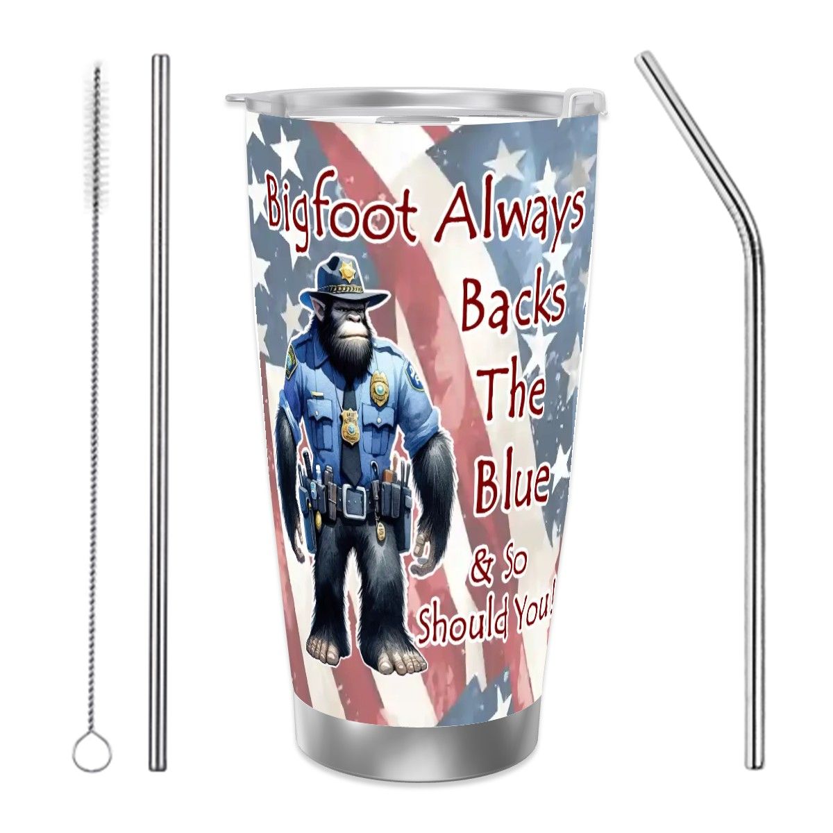 Bigfoot Police Officer, 20 oz Travel Coffee Mug w/ Straw & Brush Options