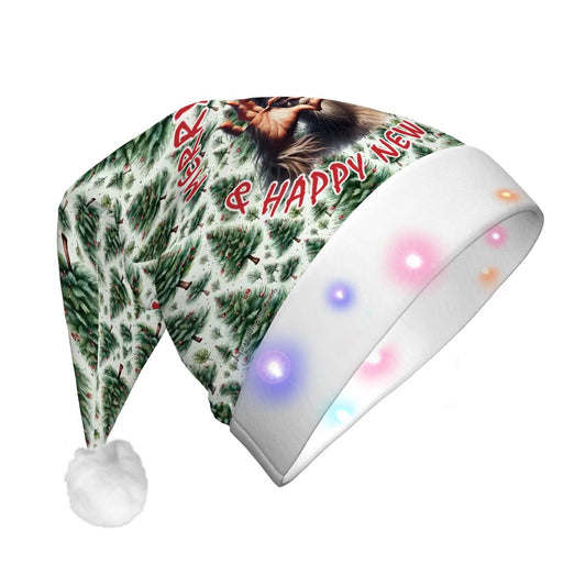Bigfoot Sasquatch Heart Hands "Merry Christmas..", Adult Plush Santa Hat with Light