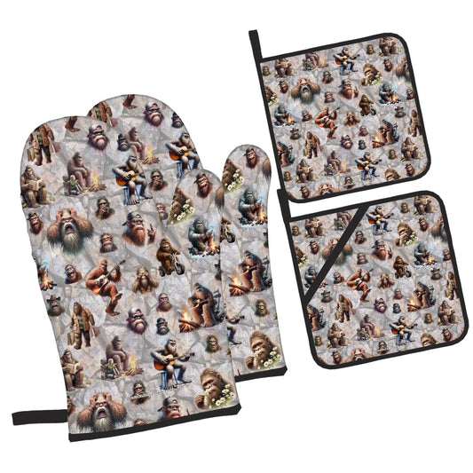 19 Bigfoot Sasquatch Designs- 4 Piece Oven Mitts /Designs Pot Holder Set