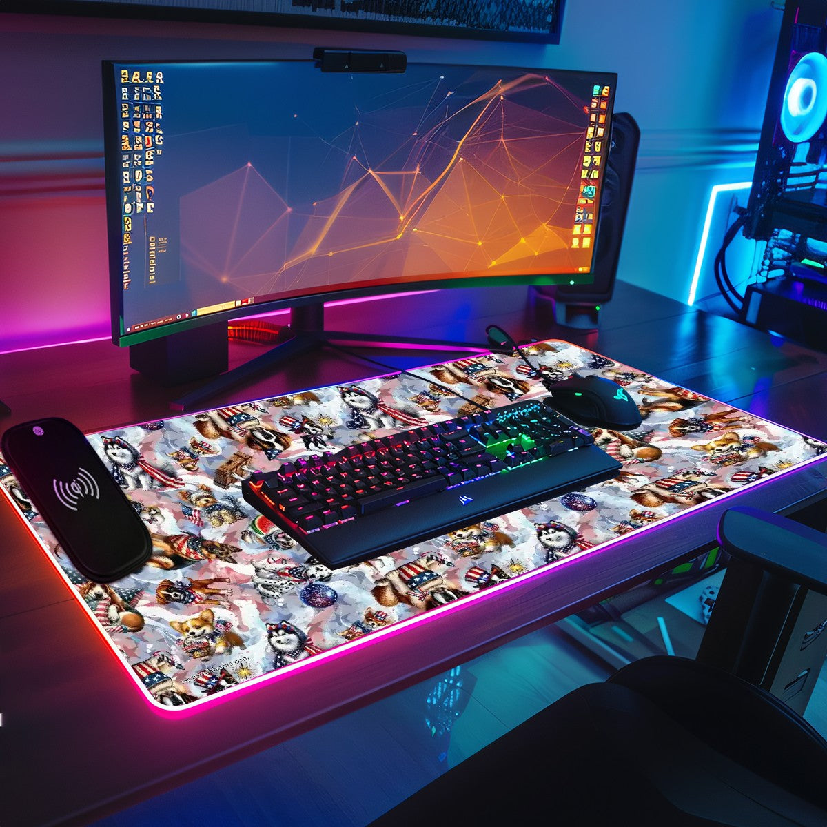8 Patriot Designs, Wireless Charging Gaming Mouse Pads / Mat With Lights - 2 Sizes