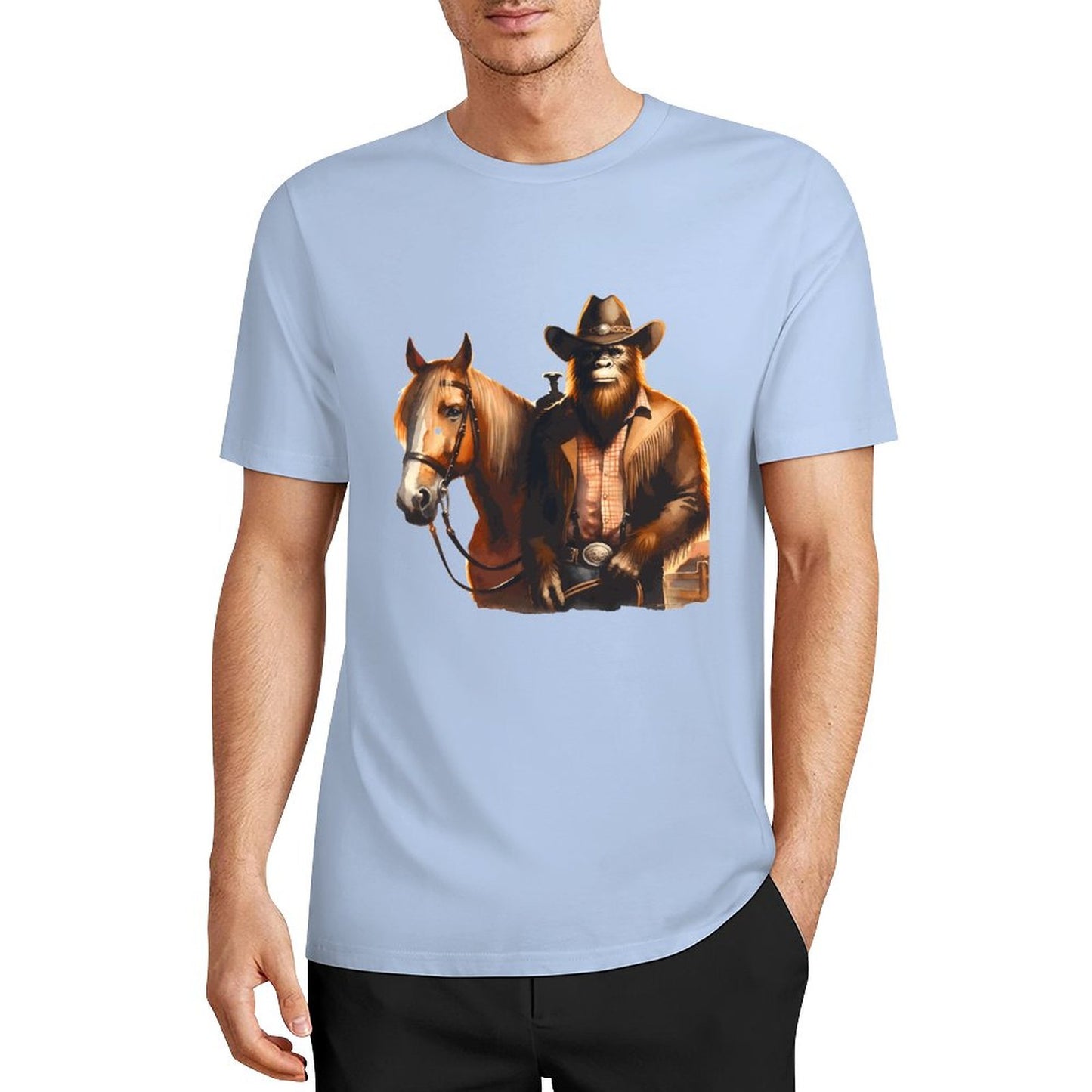 Bigfoot - Sasquatch Cowboy w Horse Short Sleeve Cotton T-Shirt