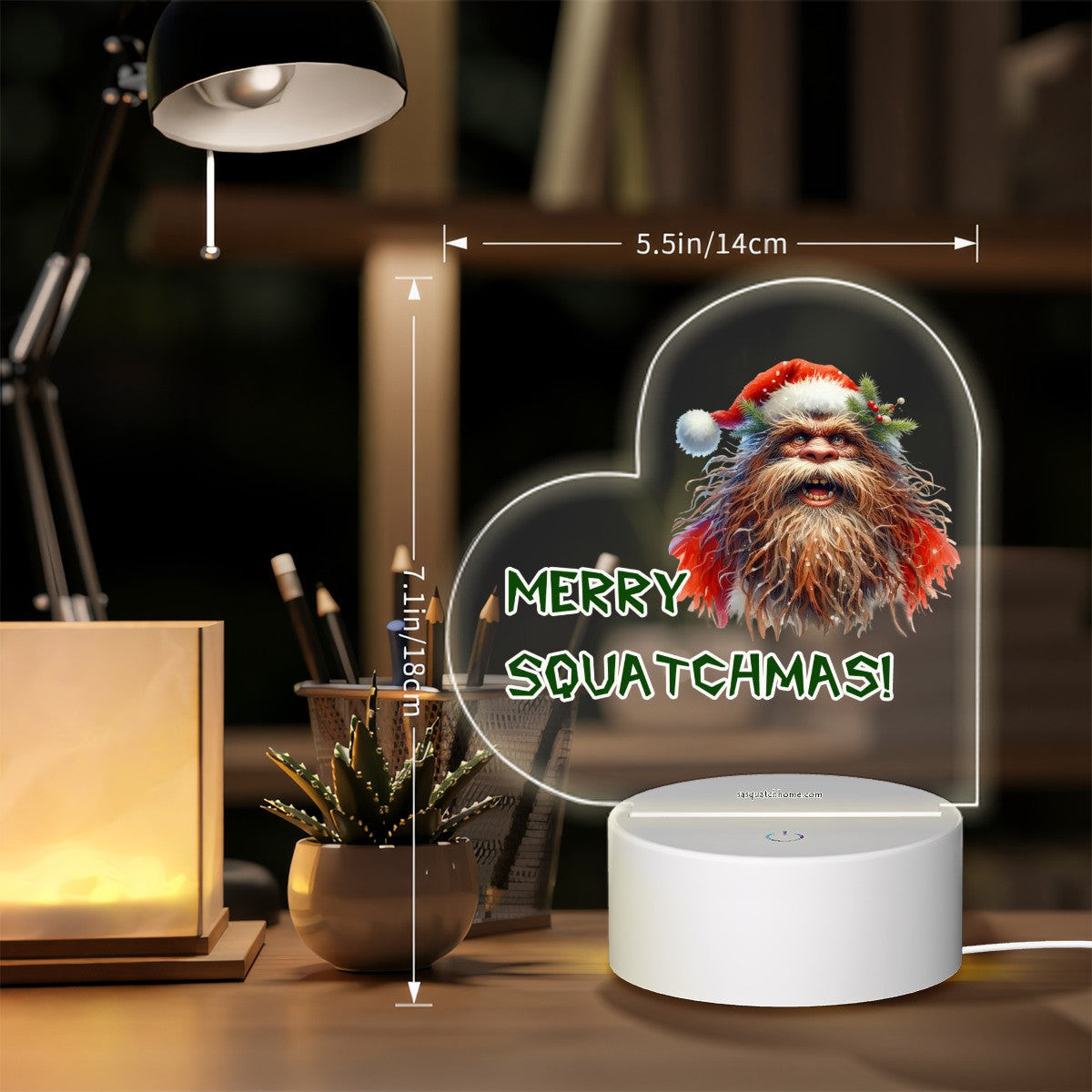 Squatchmas Bigfoot Sasquatch Heart Shaped Acrylic Night Light, gift, decor
