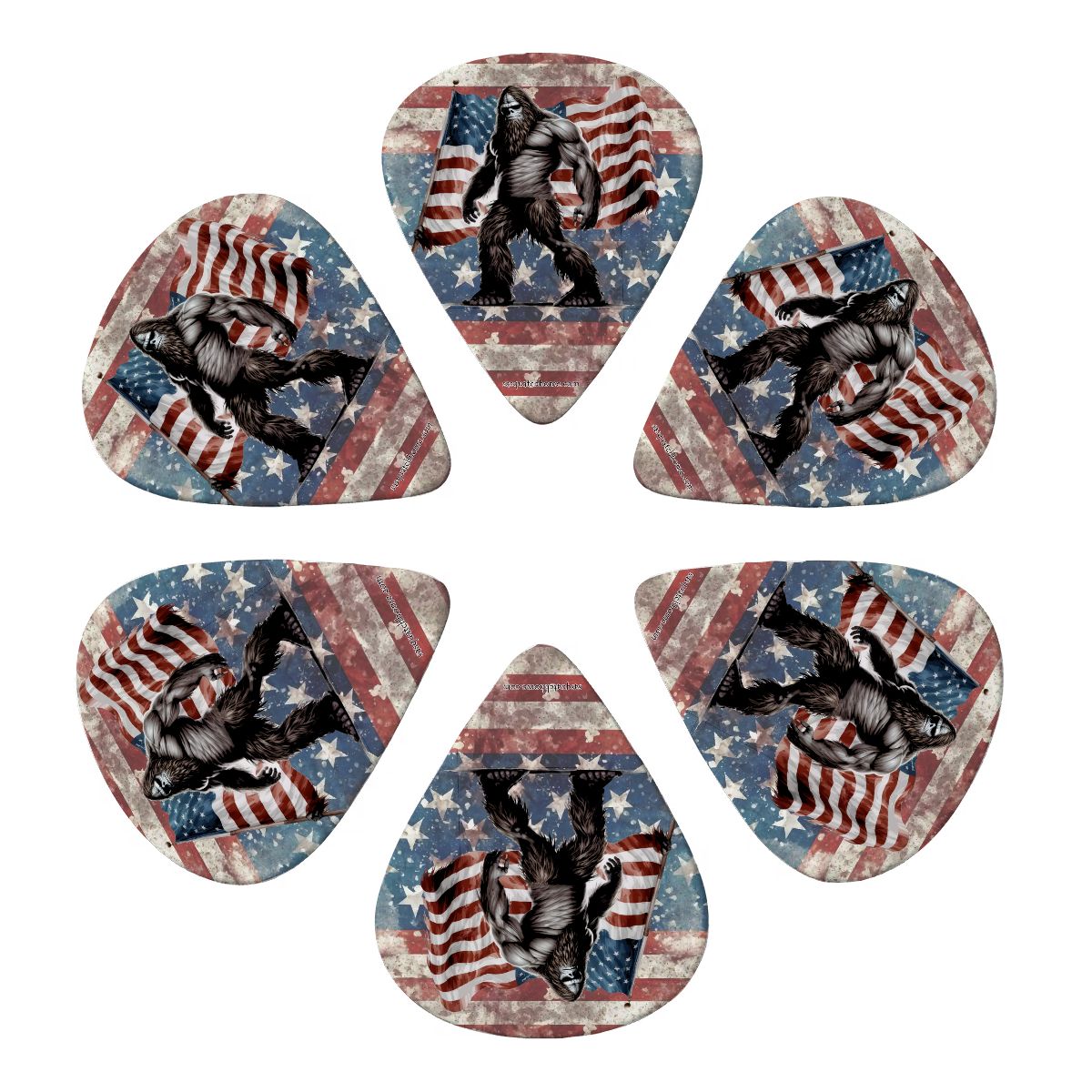 6 Guitar Picks with Keychain Snap Case- Sasquatch Bigfoot – 3 Thicknesses