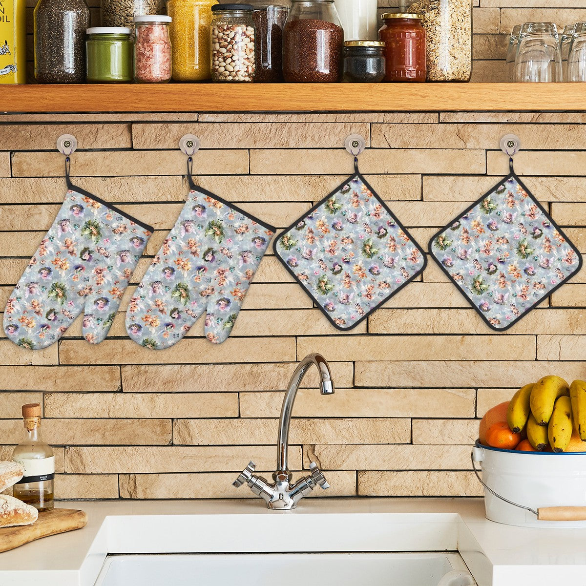 6 Fairy Designs, 4 Piece Oven Mitts / Pot Holder Sets