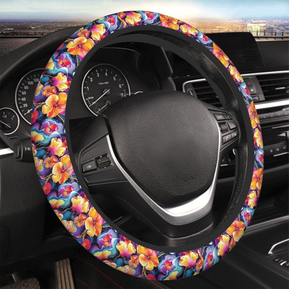 Hawaiian Flowers, Rugged Auto Steering Wheel Cover - 15"