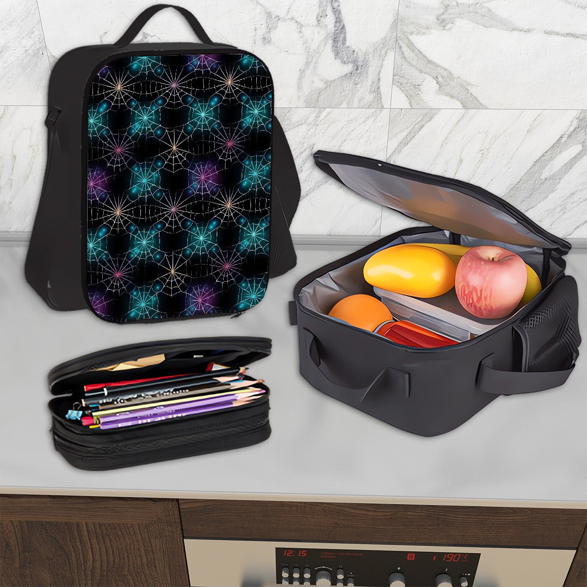 Colored Spiderwebs, 3 Piece Bag Set – Oxford Backpack, Lunch Bag, Pencil Pouch