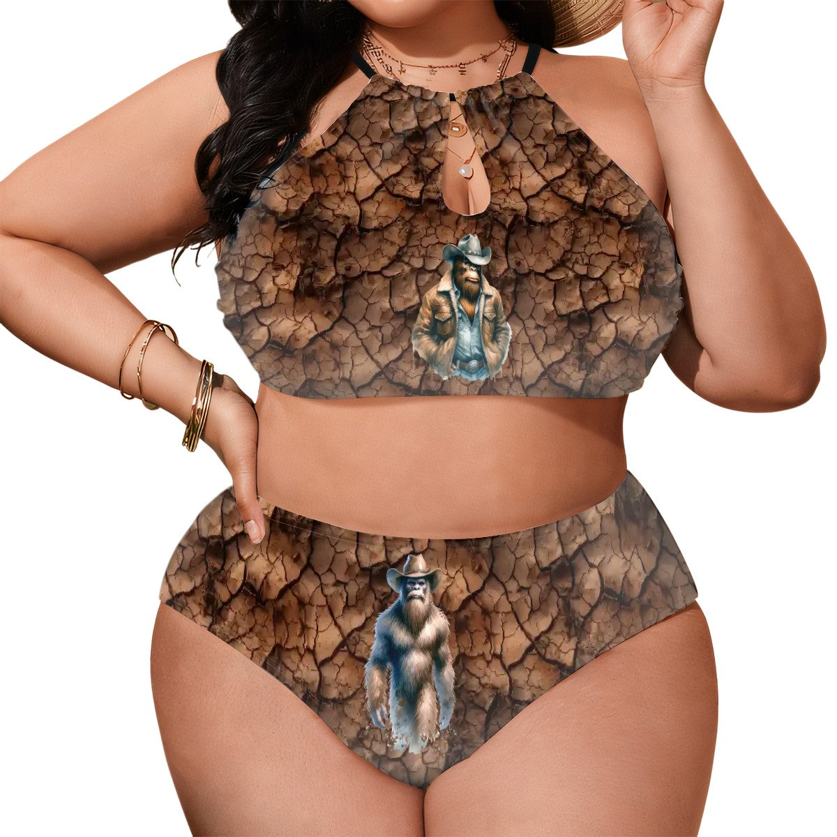 Cowboy Bigfoot, Sasquatch, Plus Size High-Waisted Bikini Customized Services