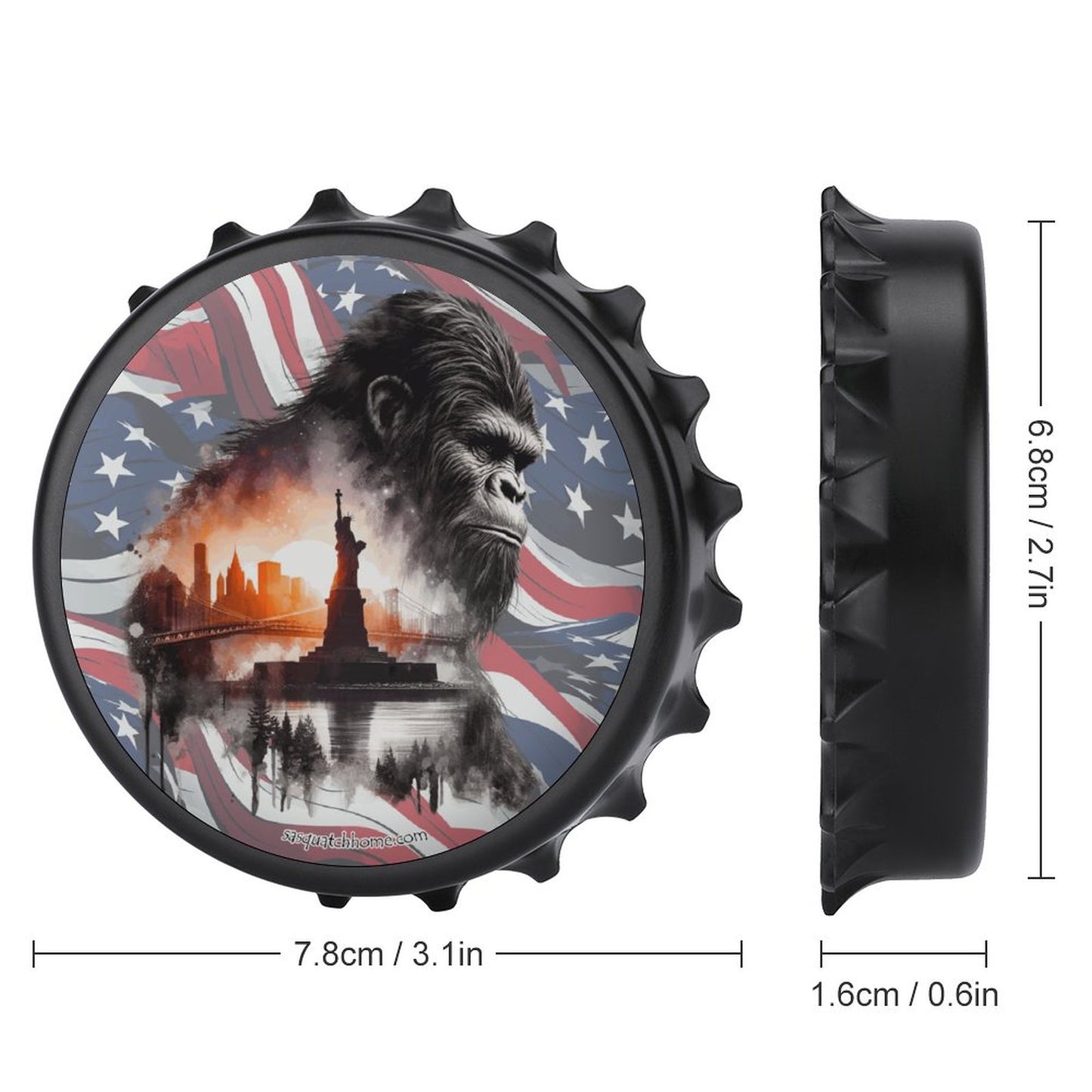 Patriot Bigfoot Sasquatch, 3” Magnetic Can Opener / Coaster / Fridge Decor