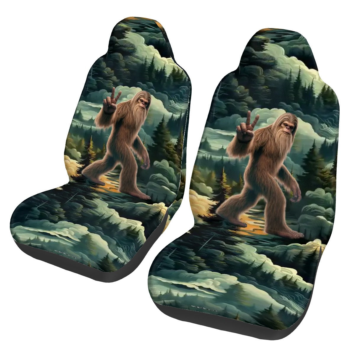 Sasquatch / Bigfoot In Woods, Set of 2 Front Auto Seat Cover