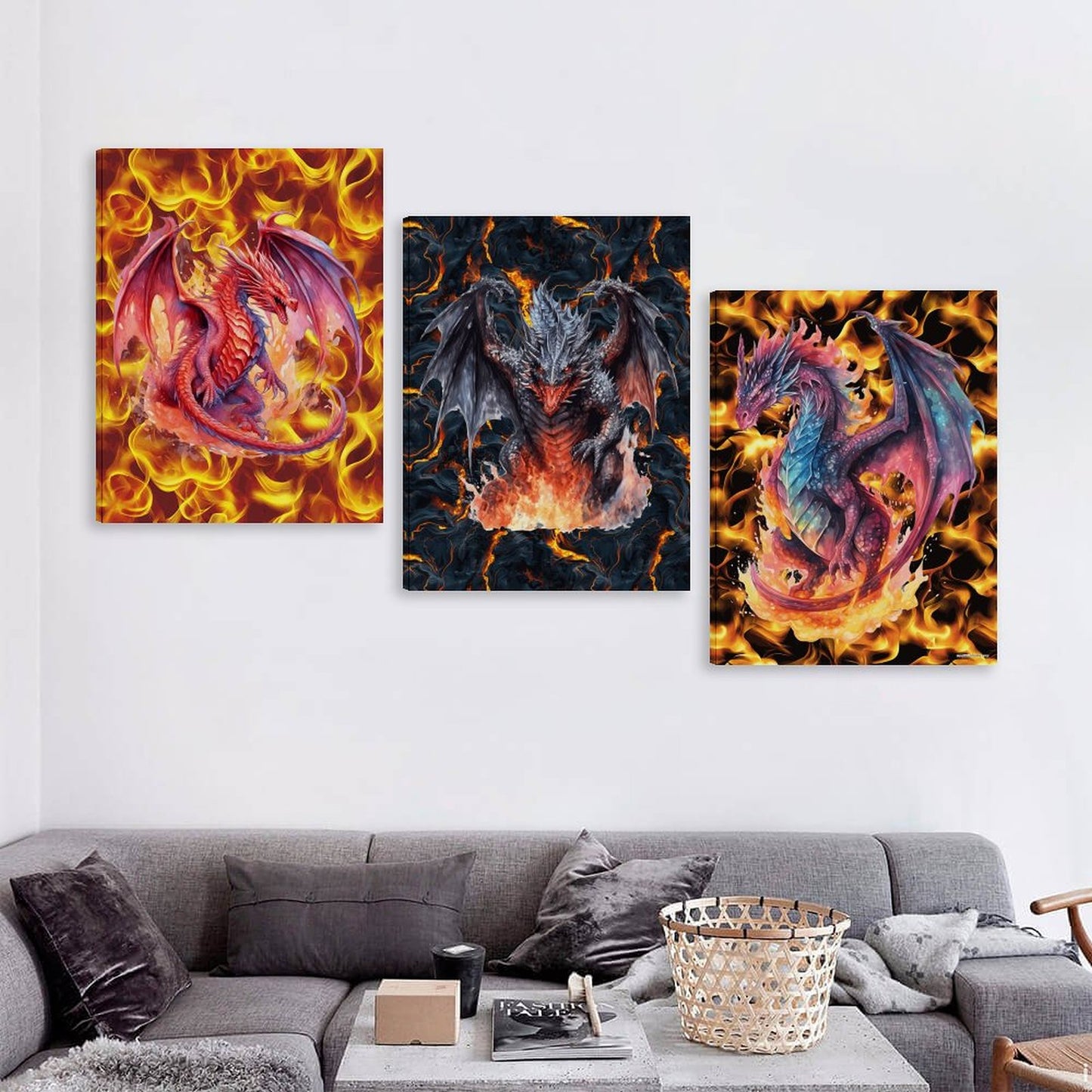 Fire Dragons Canvas Wall Art - 12”x 16” or 18”x24” (x 3) - Made In USA