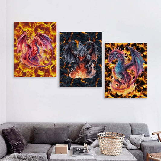 Fire Dragons Canvas Wall Art - 12”x 16” or 18”x24” (x 3) - Made In USA