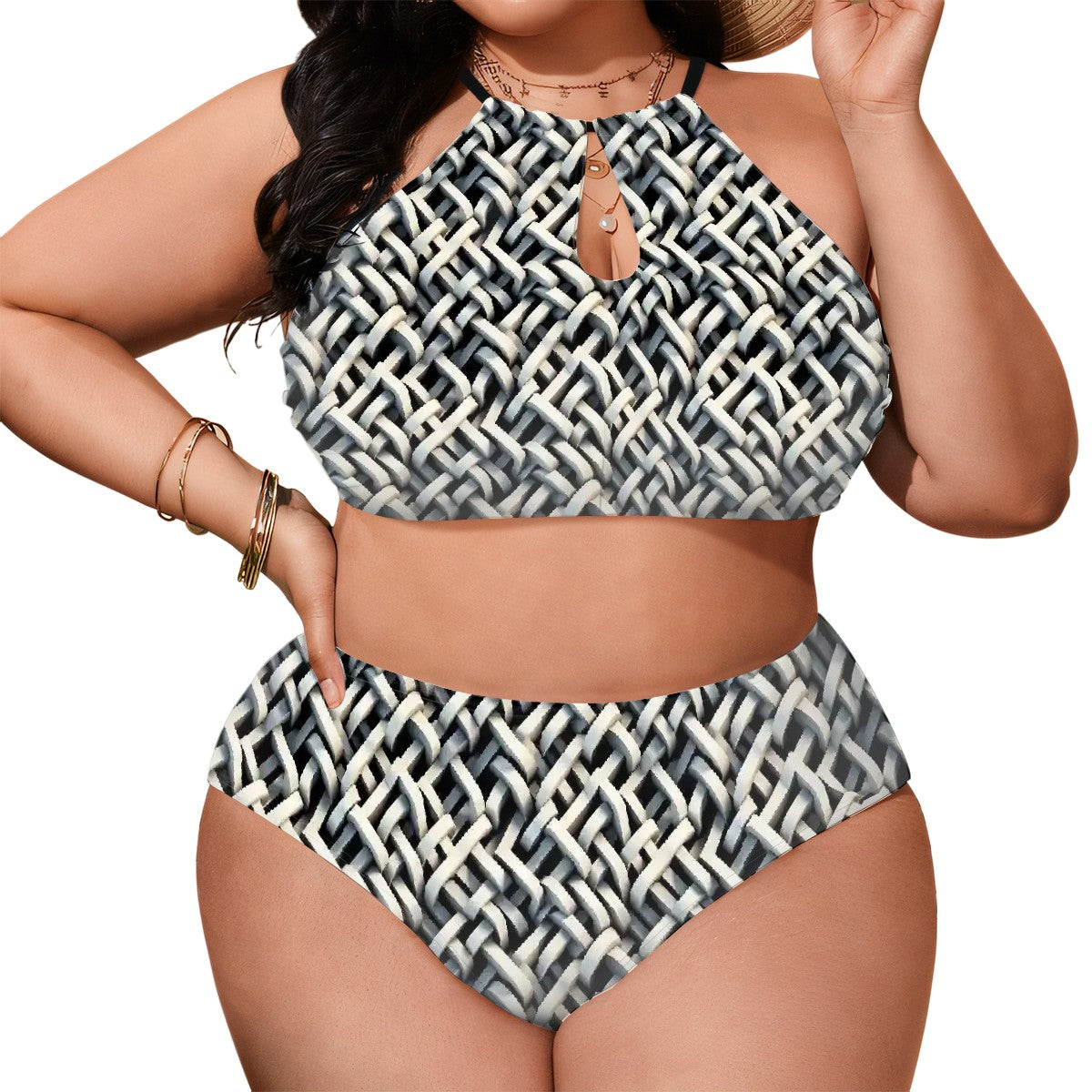 Weave Optical Illusion, Plus Size High-Waisted Bikini Customized Services