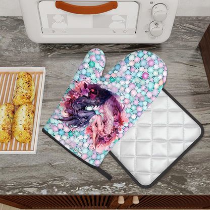 Set of 2 Oven Mitt and Pot Holder - Dragon Love