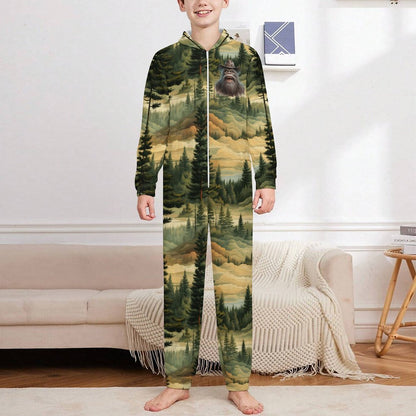 Sasquatch in Woods, Youth Flannel Footless Zip up Pajama Jumpsuit