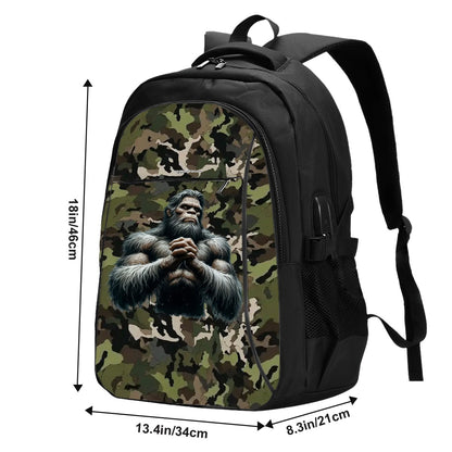 Bigfoot / Sasquatch on Camo, Large Capacity, Oxford Travel, Laptop Bag with USB Charger