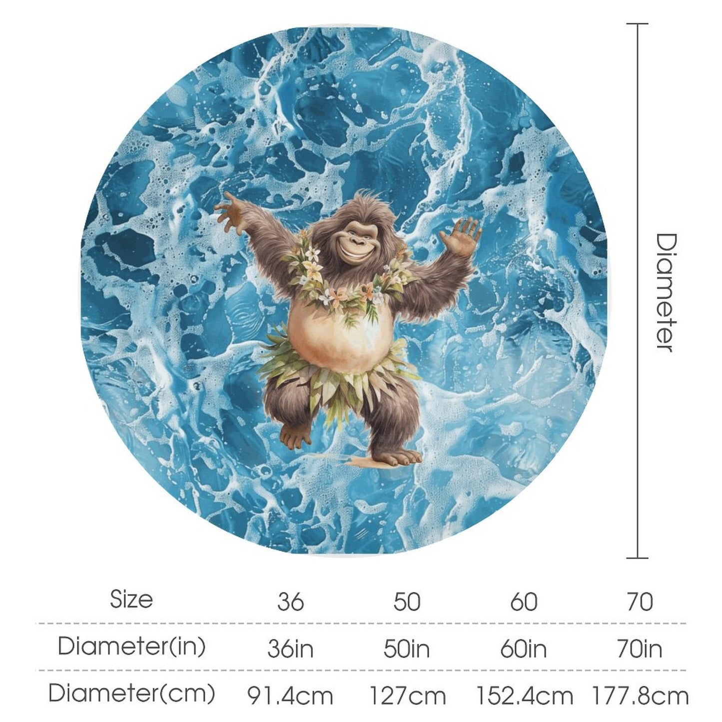 Sasquatch Hula On the Beach Round Tablecloth on Round Table