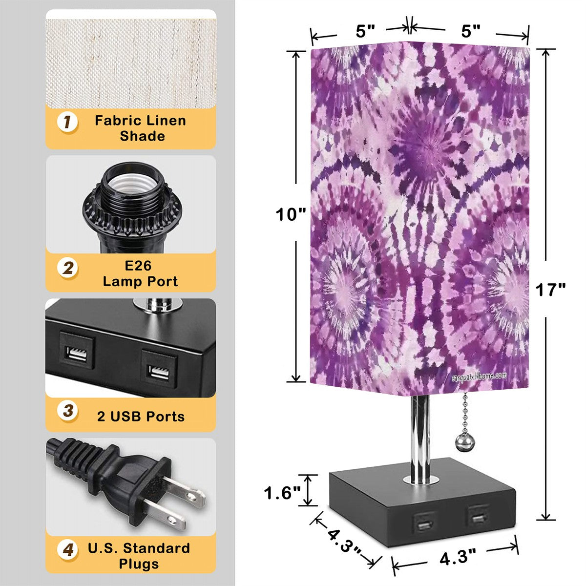 19 Tie Dye Designs, Square Table Lamp with USB Ports, Charger