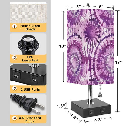 19 Tie Dye Designs, Square Table Lamp with USB Ports, Charger