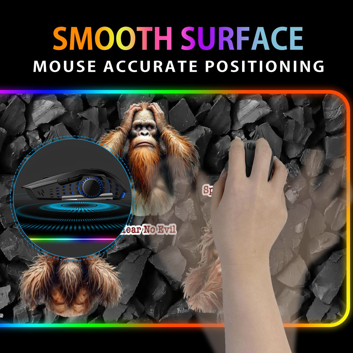 Bigfoot / Sasquatch "See no evil..", Wireless Charging Gaming Mouse Pads / Mat With Lights - 2 Sizes