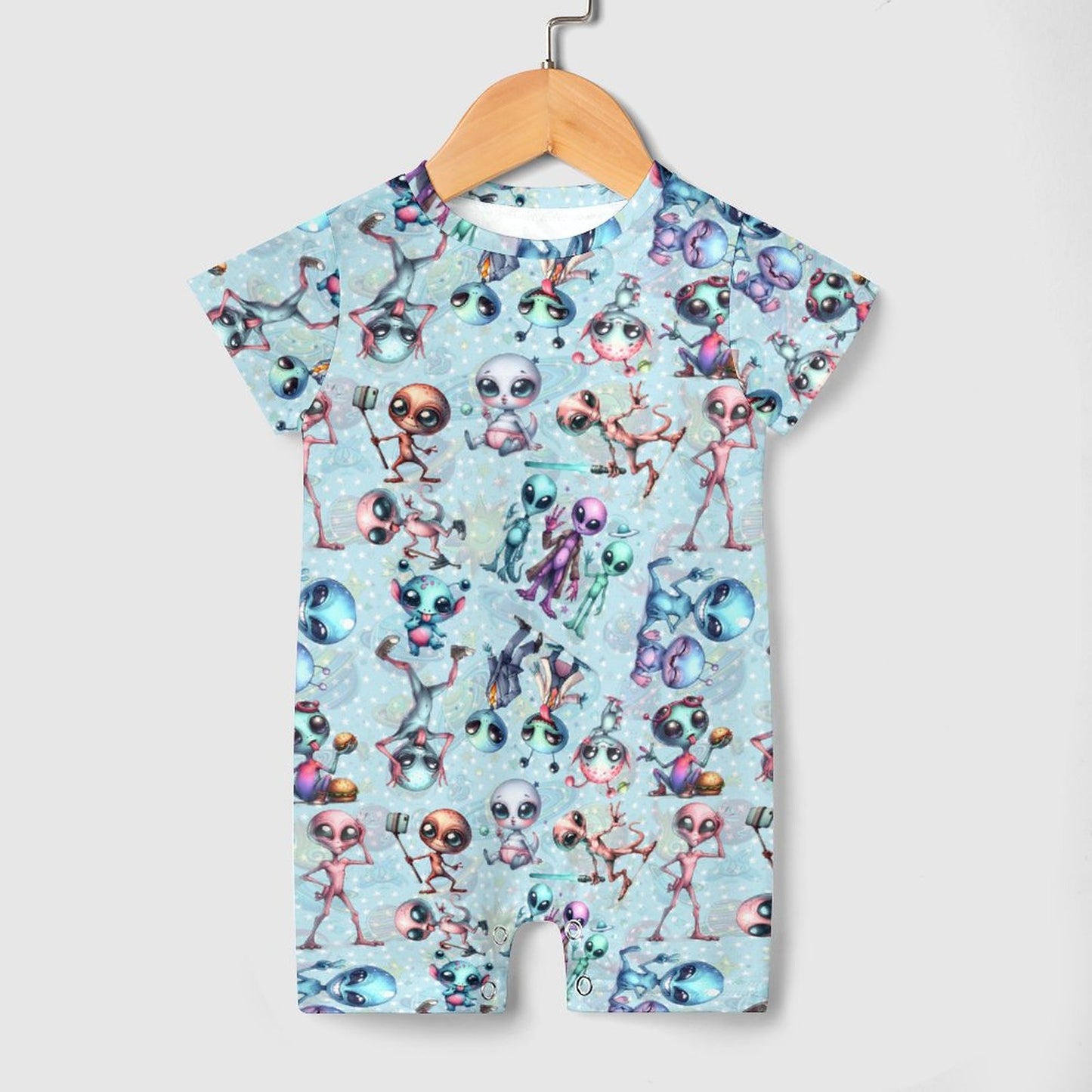 6 Alien Designs, Faux Cotton Short Sleeve Baby Bodysuit Romper