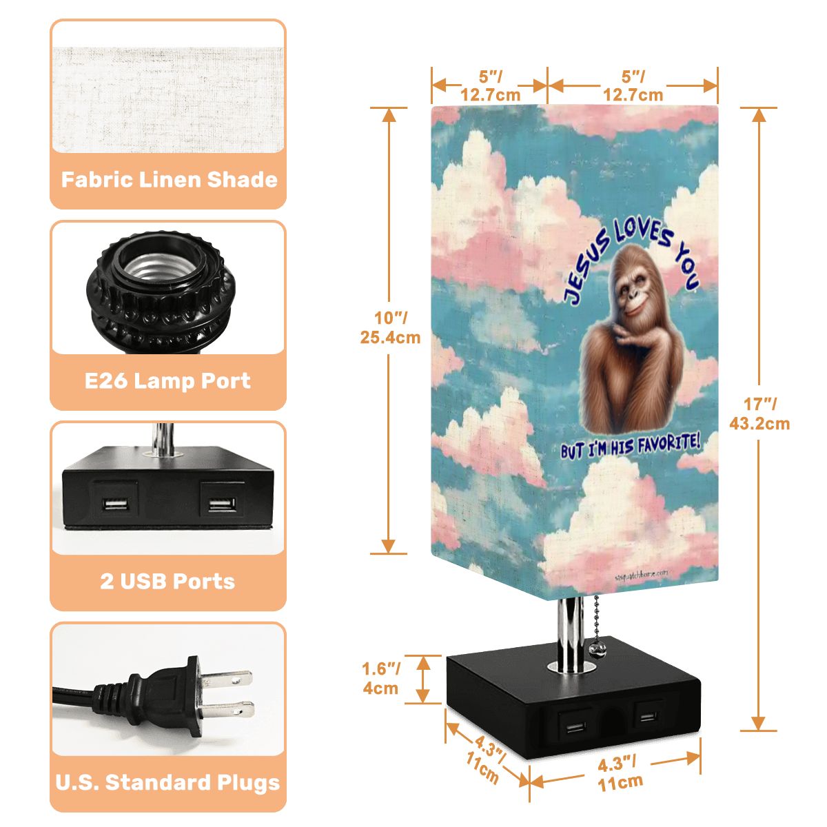 Bigfoot / Sasquatch "Jesus loves you..", Square Table Lamp with USB Ports, Charger